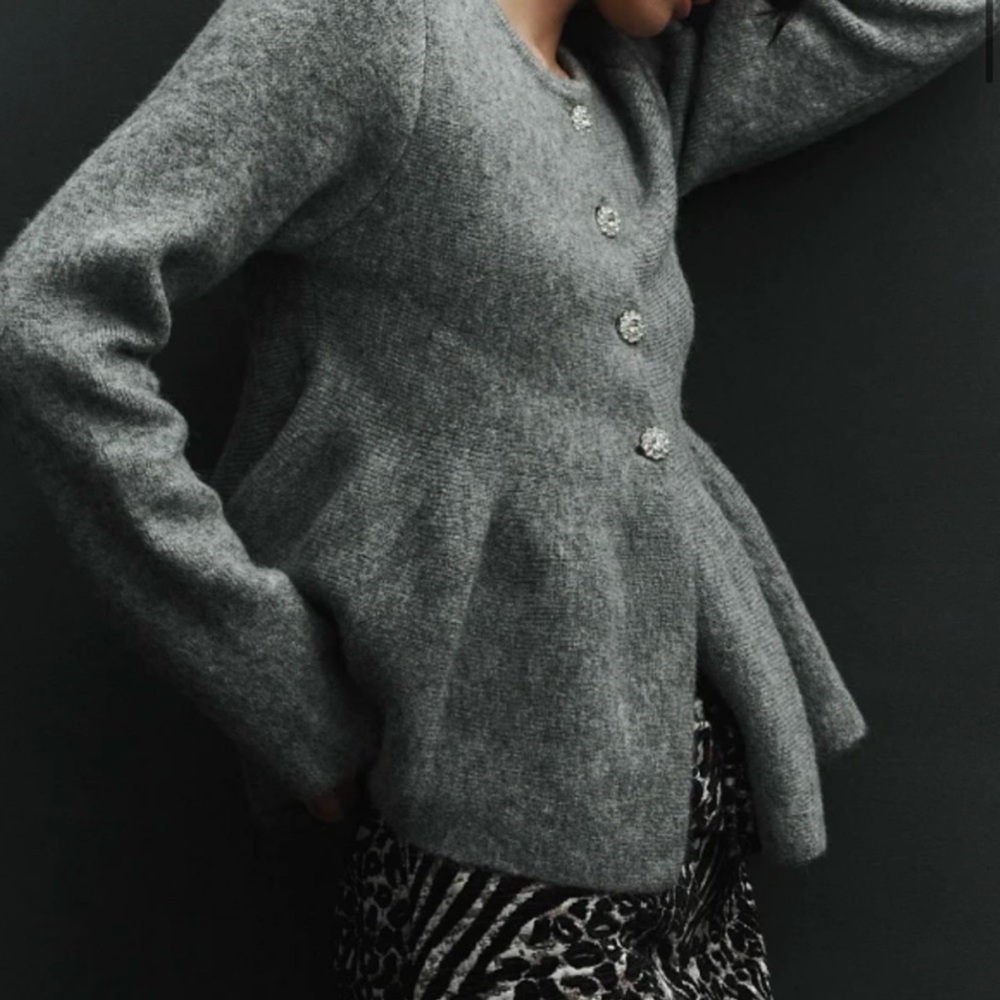 Maeve x Anthropologie Rhinestone Flower Button Peplum Cardigan Sweater - NWT